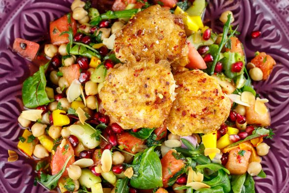 Herby-Pomegranate-Chickpea-Watermelon-Salad-Harissa-Coated-Monkfish-3