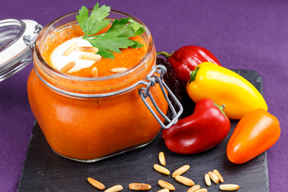 Roasted-Pepper-Apricot-Gazpachio-Goats-Cheese-Filo-Parcels-1