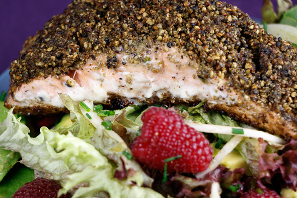 Matcha-Tea-Crusted-Salmon-Fennel-Avocado Salad-Raspberry-Lime-Dressing-4